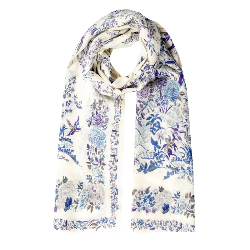 Foulard léger pour femmes à motif fleurs et oiseaux chinoiserie avec bordures