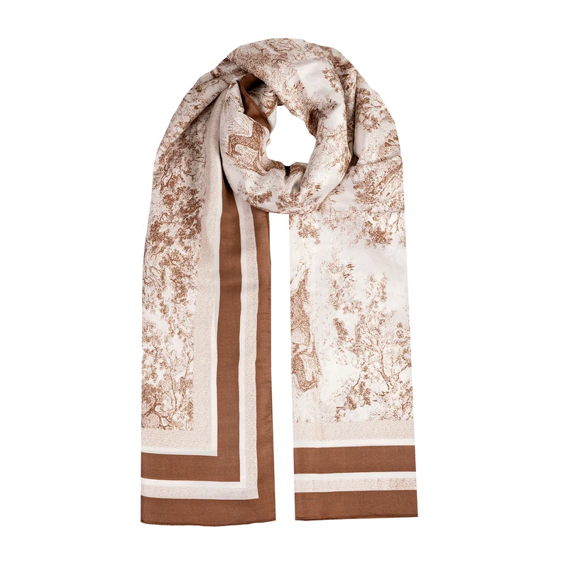 Foulard léger pour femmes en soie synthétique Toile de Jouy avec double bordure