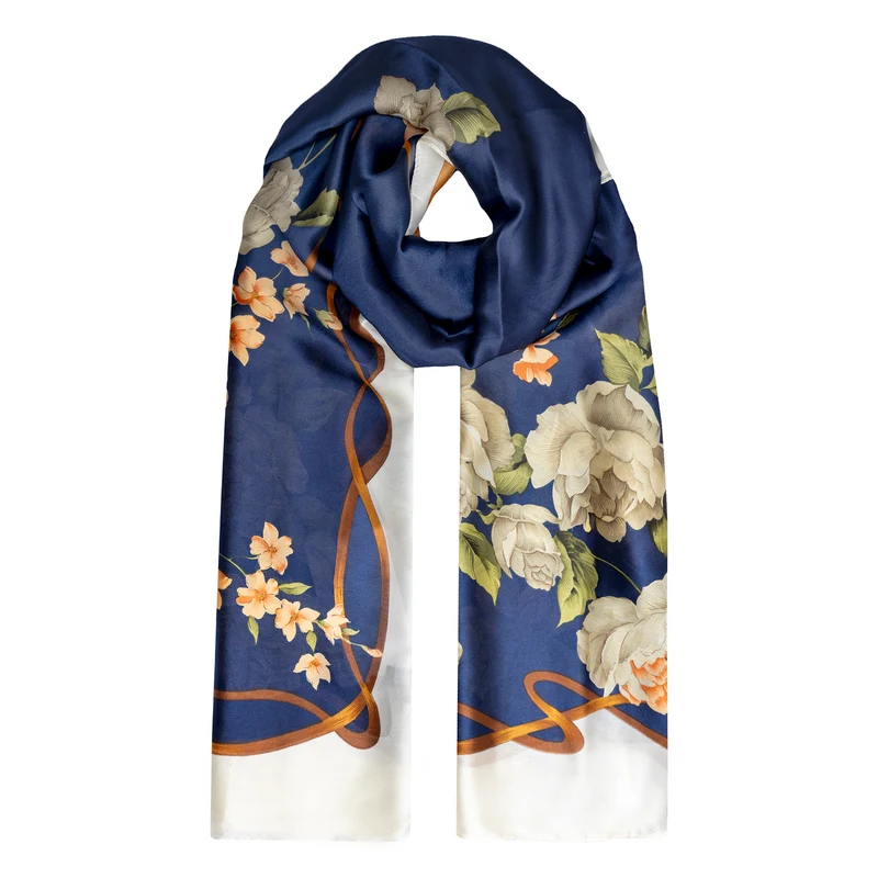 Women’s Roses and Blossom Print Silk-Like Lightweight Scarf with Wavy Borders