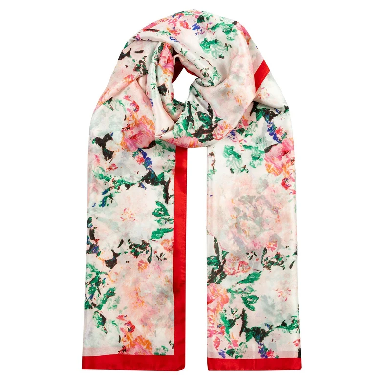 Foulard léger pour femmes en soie synthétique à motif floral aquarelle avec bordure