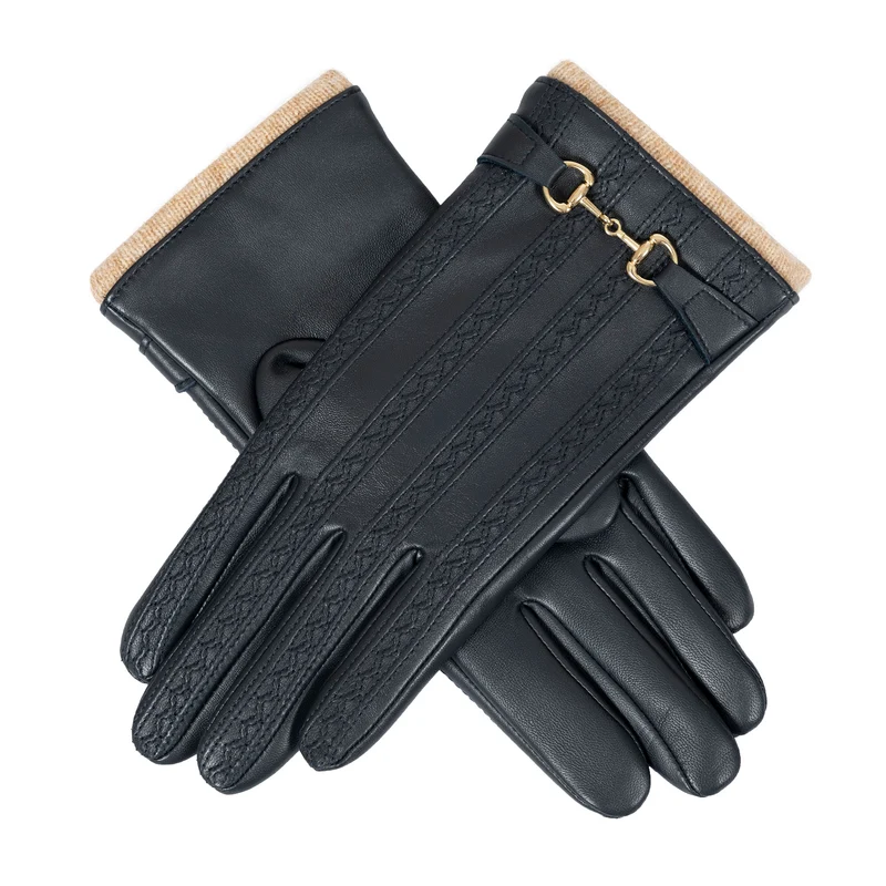 Gants en cuir pour femmes, doublés en mélange de laine résistant à l'eau, avec écran tactile, mors et détails de couture