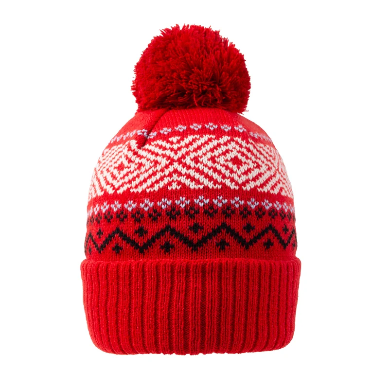 Bonnet en jacquard tricoté pour femmes avec motif géométrique et pompon en fausse fourrure