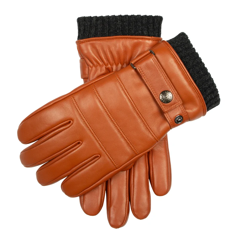Men's Water-Resistant Faux Fur-Lined Leather Gloves with Stitch Detail and Knitted Cuffs