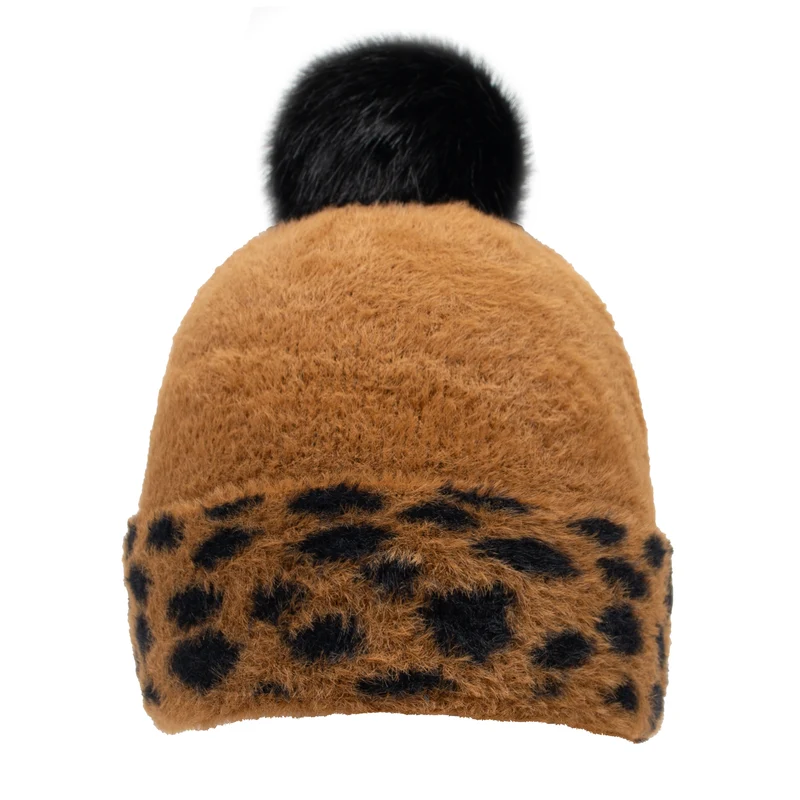 Women's Spotty Feather Yarn Knitted Bobble Hat with Faux Fur Pom Pom