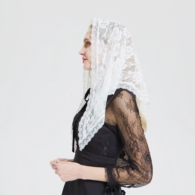 Groothandel Driehoek Kant Roos Patroon Zachte Sluier - Geborduurde Mass Pilgrim Hoofddoek