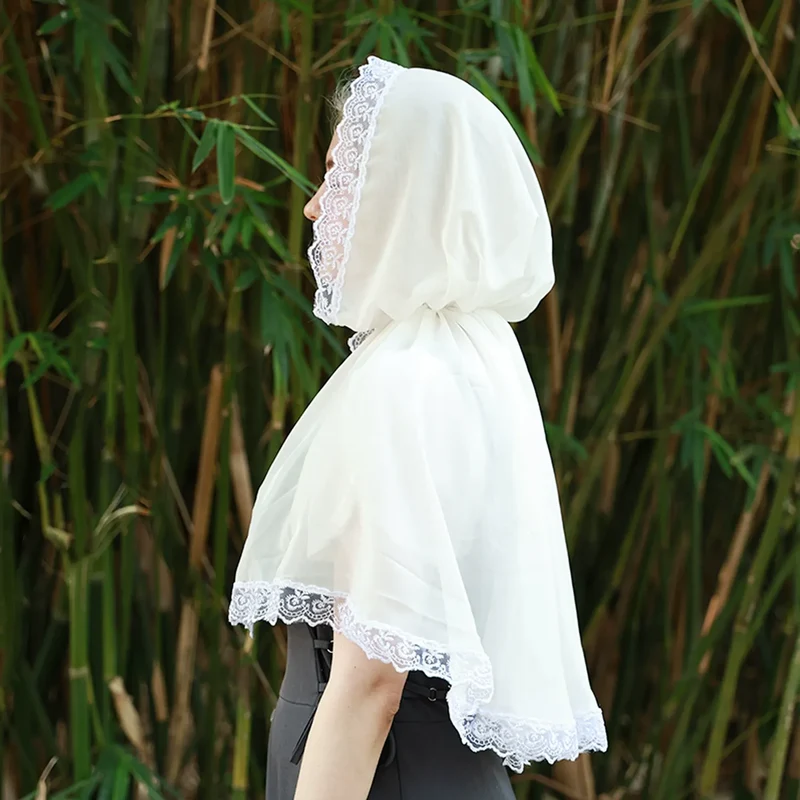 Grote chiffon vintage kerkcape met capuchon - Victoriaanse stijl bruidscape met kantversiering