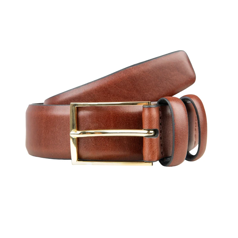 Men's Lined Leather Belt with Shiny Gold Buckle