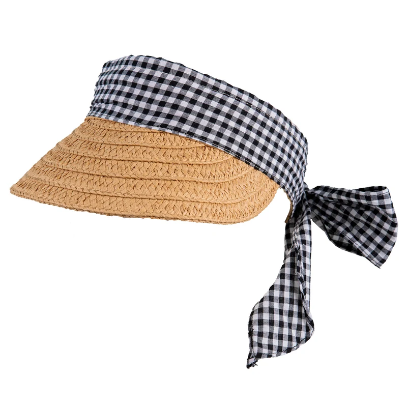 Pare-soleil en paille pour femme avec ruban vichy et cravate