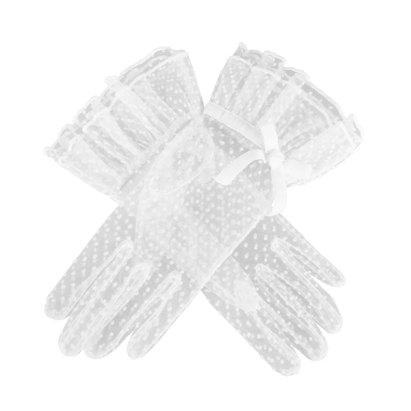 Gants en tulle à pois pour femmes avec double manchette et nœud