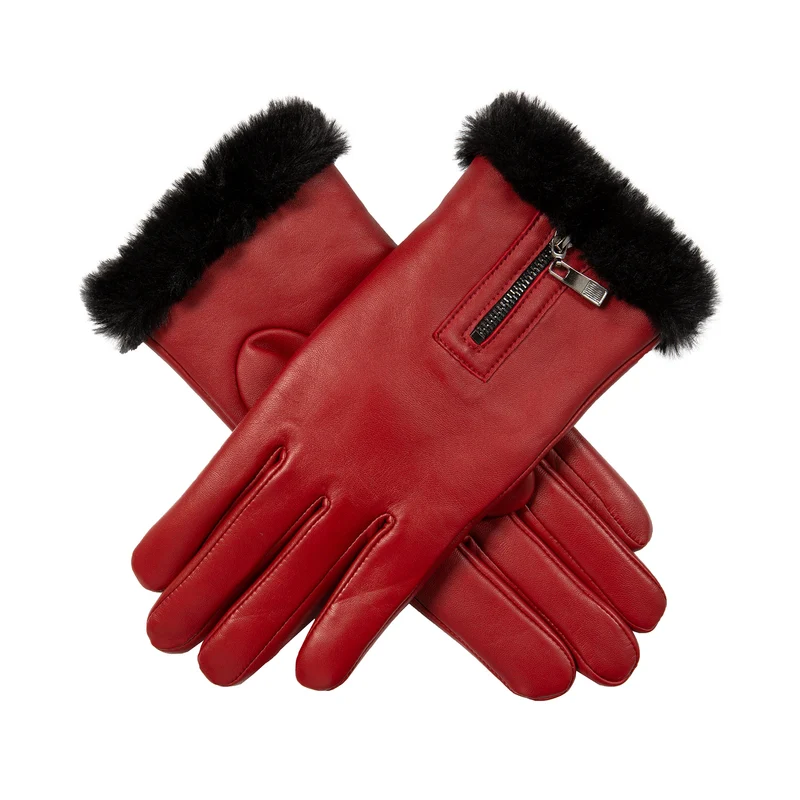 Gants en cuir doublés de fausse fourrure pour écran tactile avec fermeture éclair pour femmes