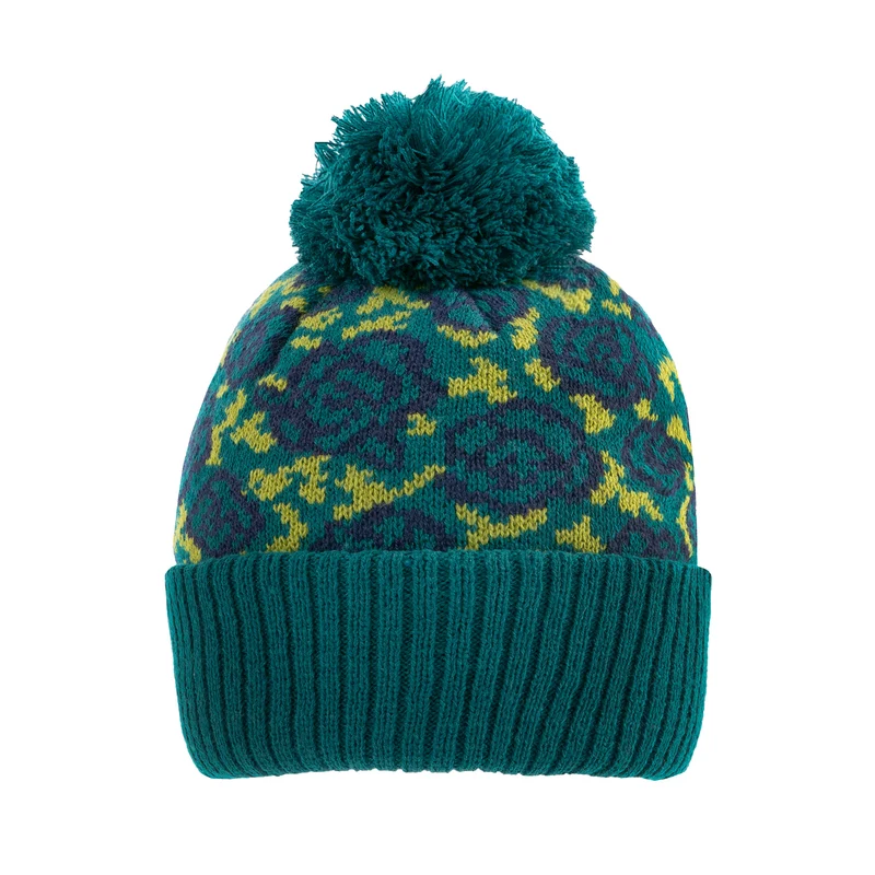 Bonnet à pompon en jacquard tricoté pour femmes avec motif de rose et pompon en fil
