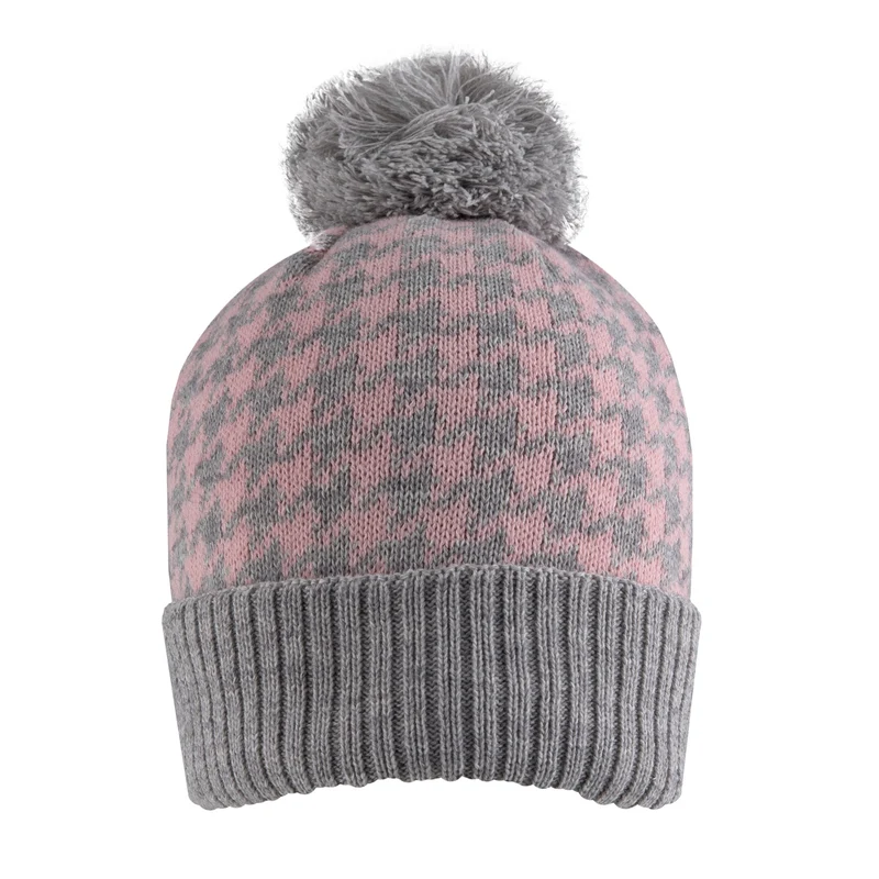 Bonnet à pompon en jacquard tricoté pour femmes avec motif pied-de-poule et pompon en fil
