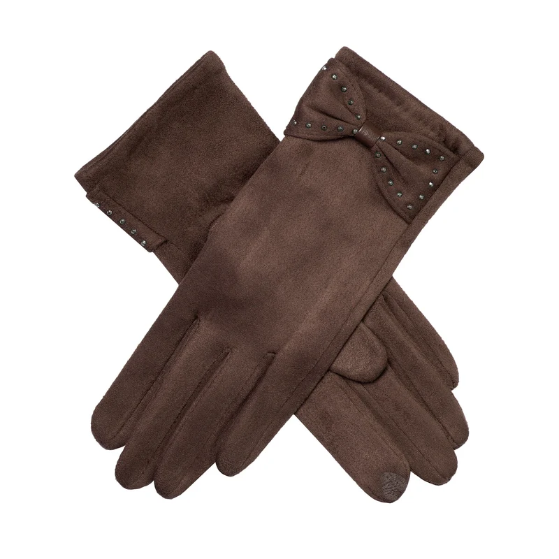 Gants en faux suède doublés de velours pour écran tactile avec nœud clouté pour femmes