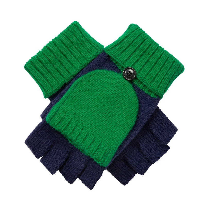 Gants sans doigts tricotés bicolores avec rabat moufle pour femme