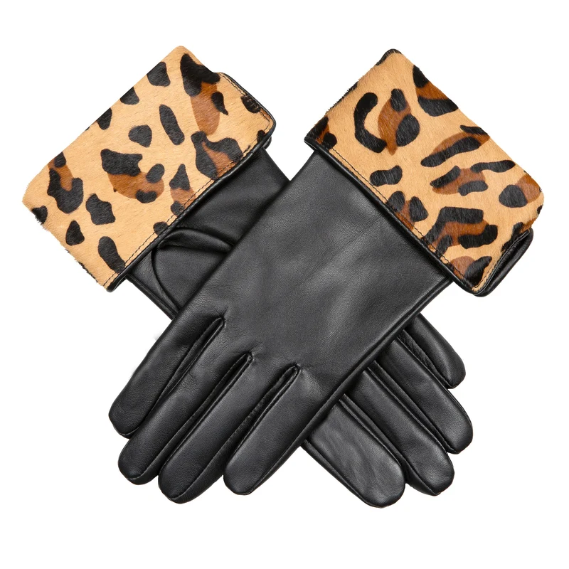 Gants en cuir doublés pour femmes avec poignets en cuir de veau imprimé léopard
