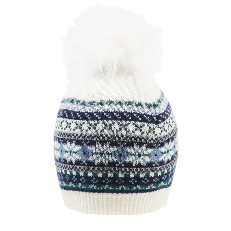 Women’s Jacquard Fair Isle Knitted Bobble Hat with Faux Fur Pom Pom