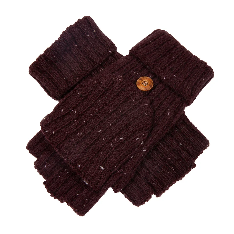 Gants sans doigts en tricot côtelé pour femmes avec fil chiné et rabat moufle