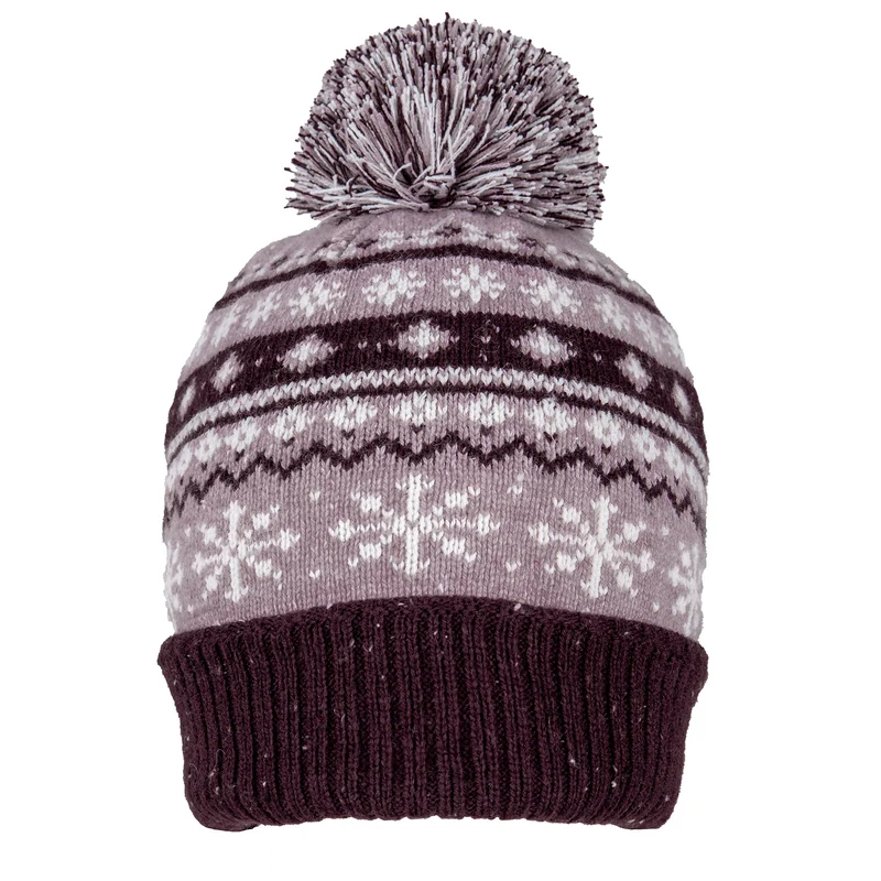 Women’s Jacquard Fair Isle Knitted Bobble Hat with Marl Yarn and Mixed Yarn Pom Pom