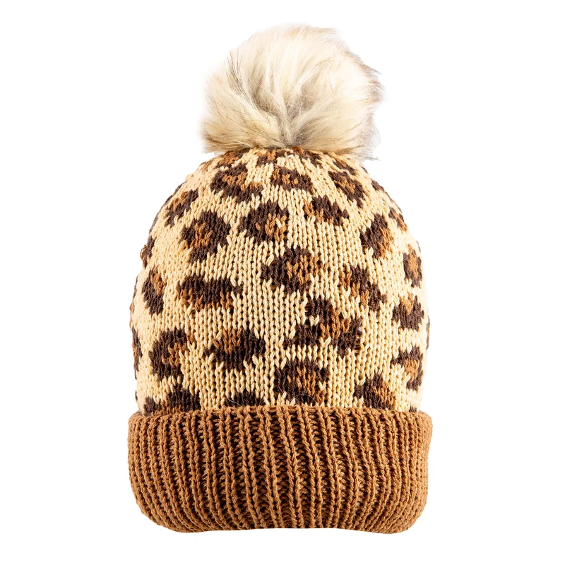 Bonnet à pompon tricoté en jacquard pour femme avec motif imprimé léopard et pompon en fausse fourrure