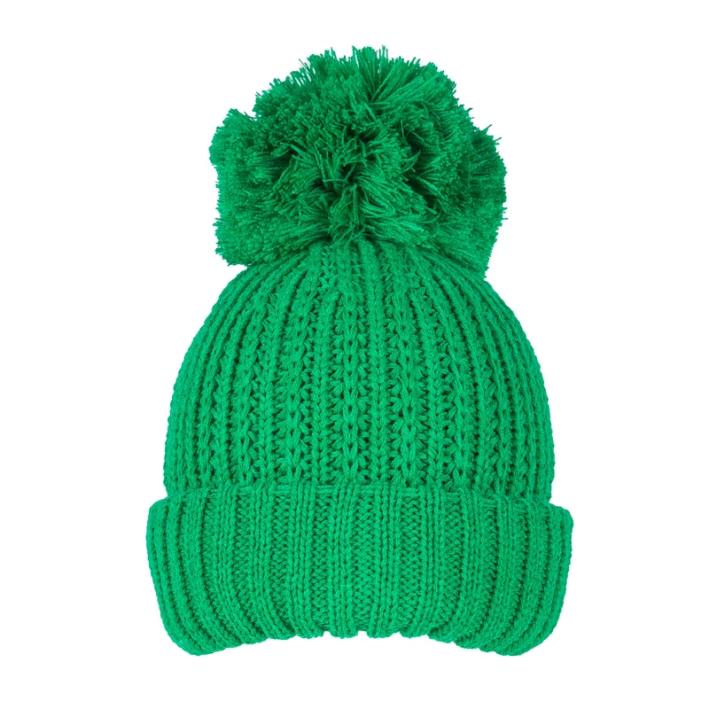 Bonnet côtelé pour femmes avec gros pompon en laine