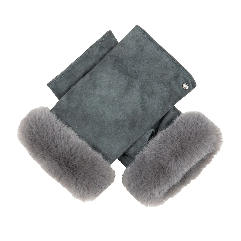 Women’s Fingerless Faux Fur-Lined Suede Mittens with Faux Fur Trim