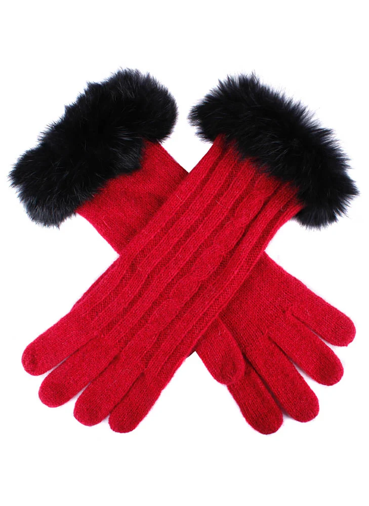 Gants en tricot torsadé pour femmes avec poignets en fourrure