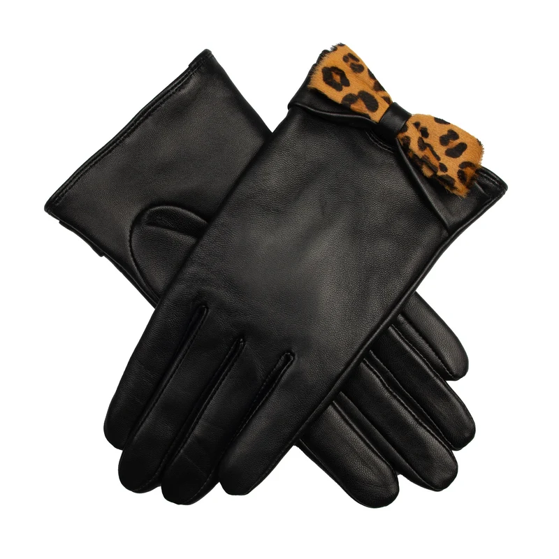 Women's Touchscreen Water-Resistant Lined Leather Gloves with Bow