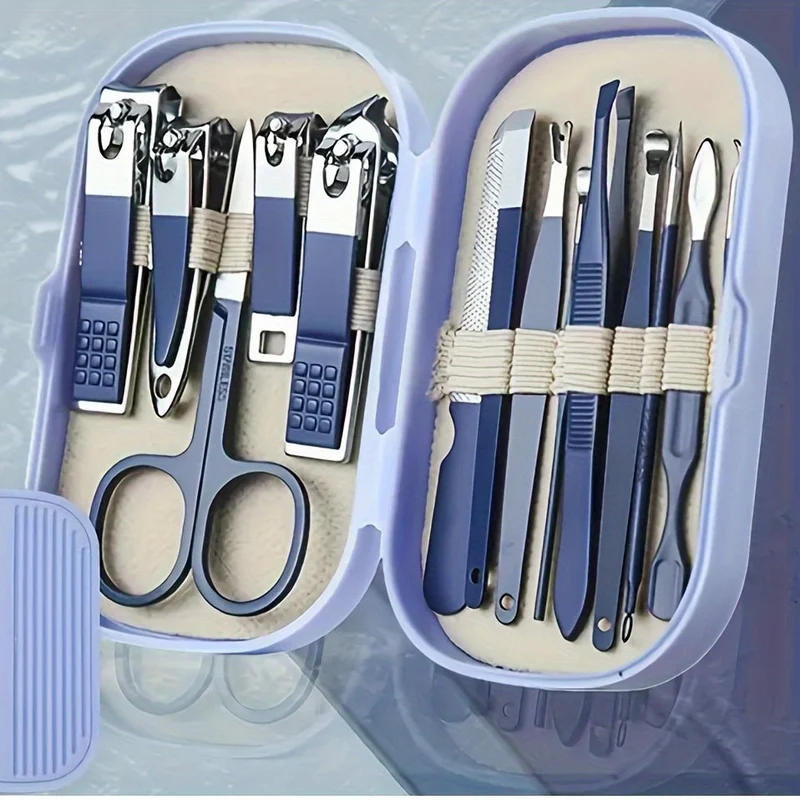 Een set van 14 roestvrijstalen manicure- en pedicuretools, met moderne nagelknippers en verzorgingsinstrumenten met concave rand, inclusief een draagbare opbergdoos - een geurloze nagelverzorgingsset voor zowel mannen als vrouwen.
