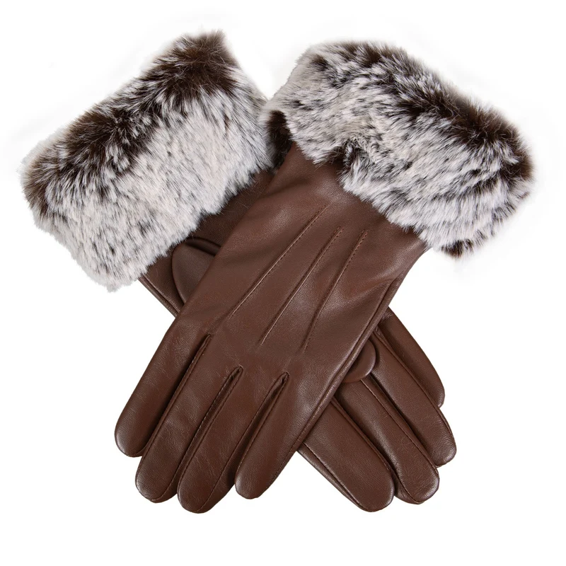 Gants en cuir doublés à trois points pour écran tactile avec poignets en fausse fourrure pour femmes
