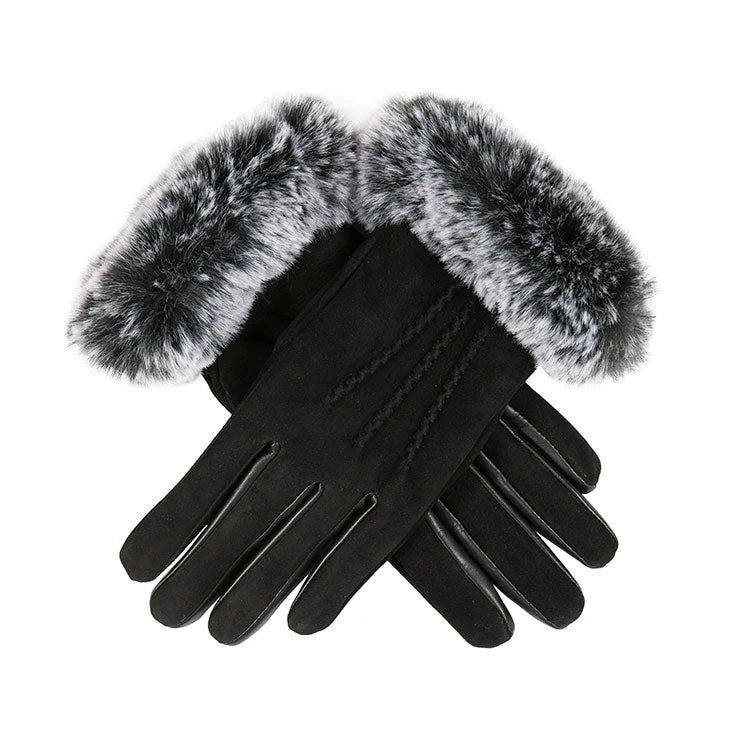 Women’s Water-Resistant Three-Point Faux Fur-Lined Nubuck Leather Gloves with Faux Fur Cuffs