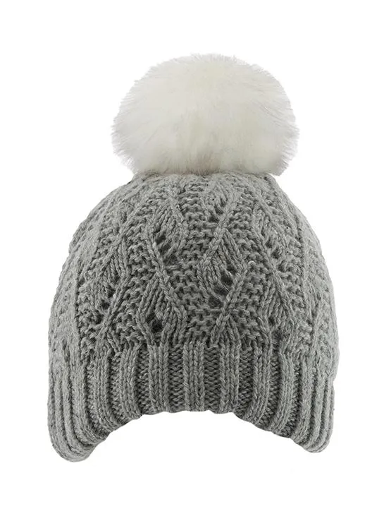 Women's Lace Knit Bobble Hat with Marl Yarn and Faux Fur Pom Pom