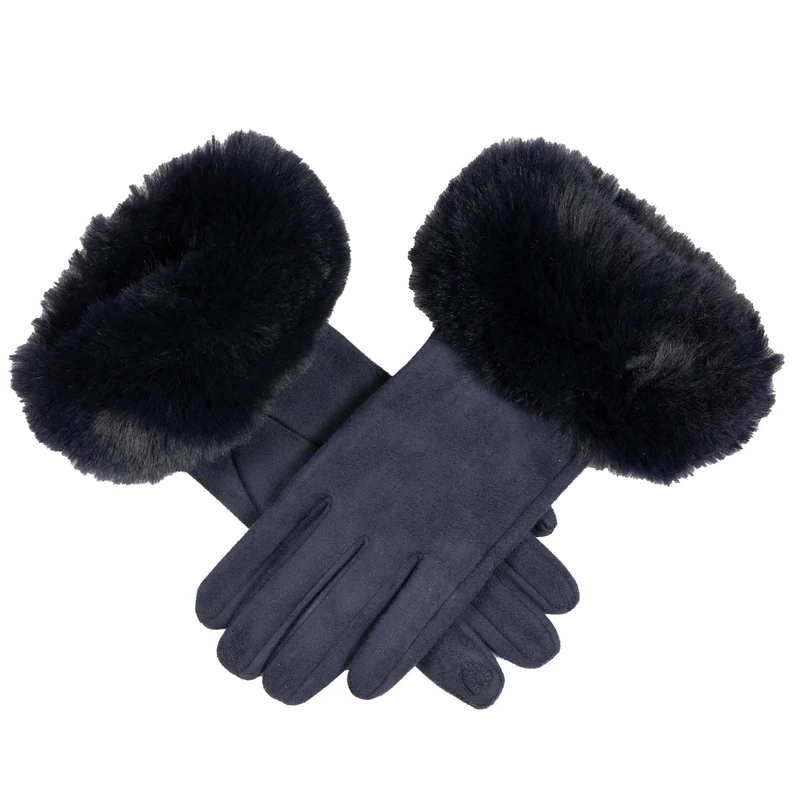 Women's Touchscreen Velour-Lined Faux Suede Gloves with Faux Fur Cuffs