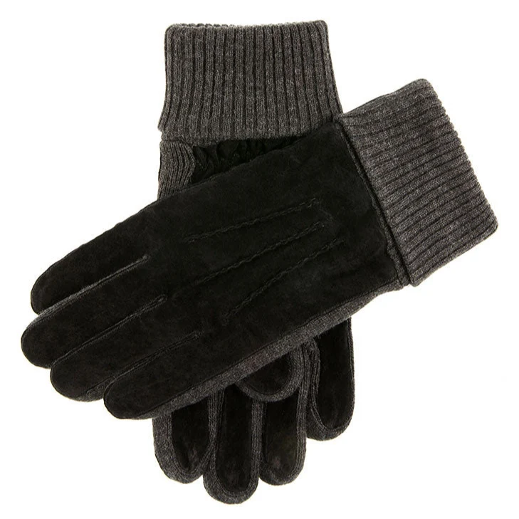 Gants en suède doublés de polaire à trois points pour hommes avec poignets en tricot