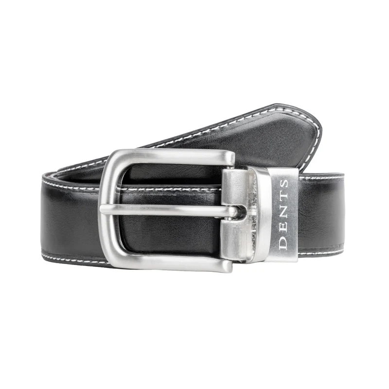 Men's Reversible Leather Belt with Brushed Silver Buckle and Contrast Stitching