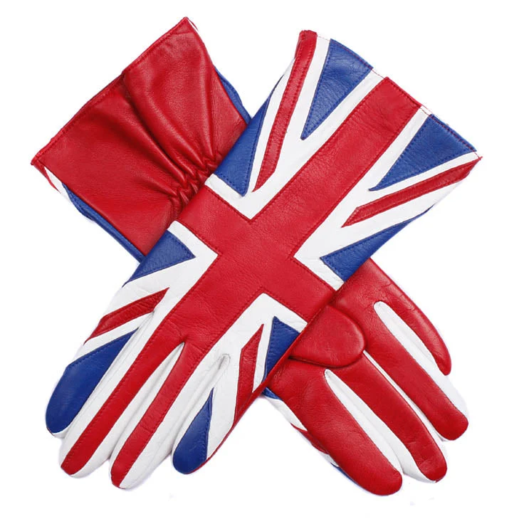 Gants en cuir doublés de soie pour femmes avec motif Union Jack