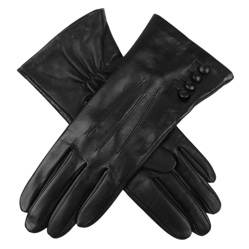 Gants en cuir doublés de soie à trois points pour femmes avec boutons