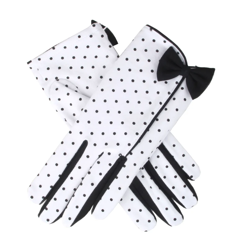 Women's Spotted Cotton Gloves with Side Bow and Trim