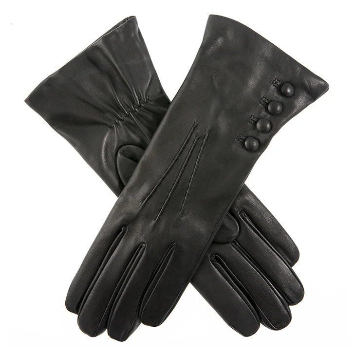 Women's Three-Point Cashmere-Lined Leather Gloves with Buttons