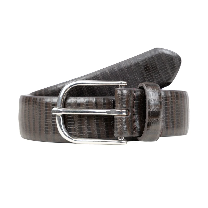 Men's Lizard-Print Leather Belt with Shiny Silver Buckle