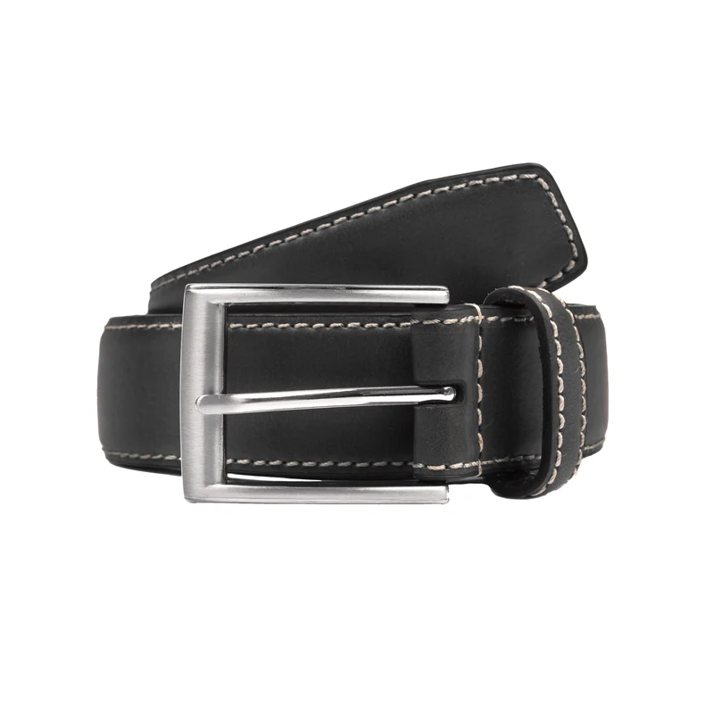 Men's Full-Grain Leather Belt with Satin Nickel Buckle and Contrast Stitching