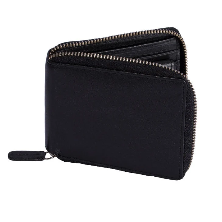 Men's Smooth Nappa Leather Zip-Round Wallet with RFID Blocking and Coin Purse