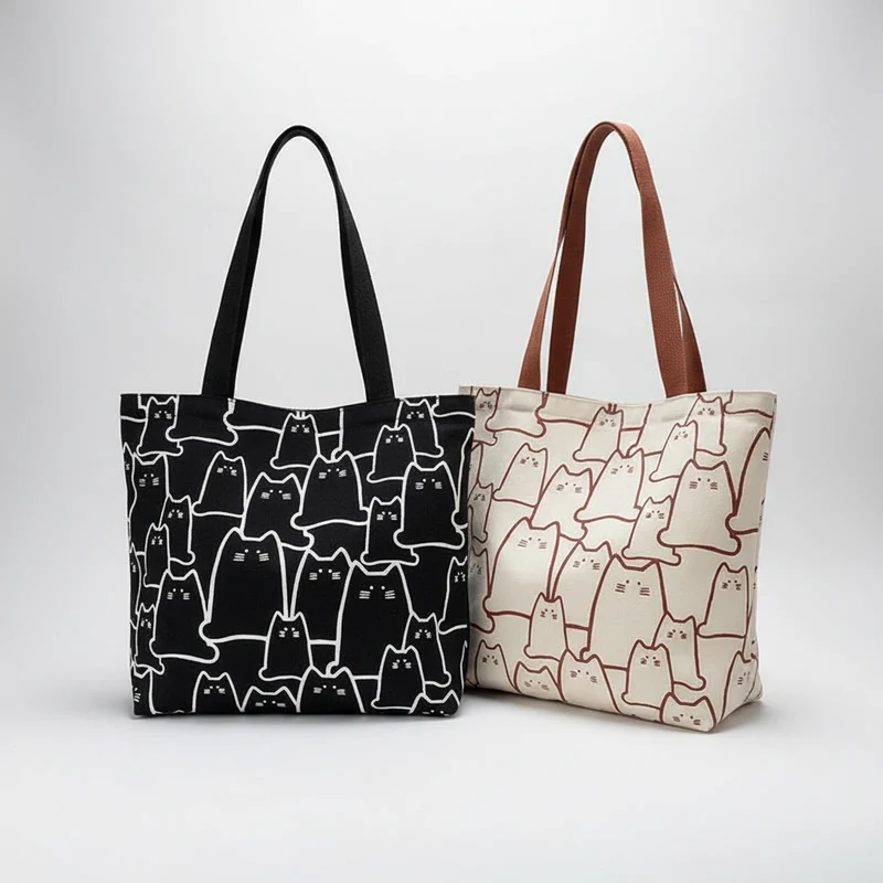 Leuke katten draagtas – Japanse stijl canvas schoudertas met ritssluiting