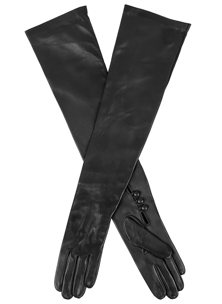 Women's Three-Point Long Opera Leather Gloves with Buttons