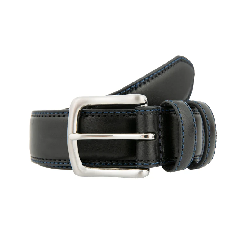 Men's Lined Leather Belt with Shiny Nickel Buckle and Contrast Details