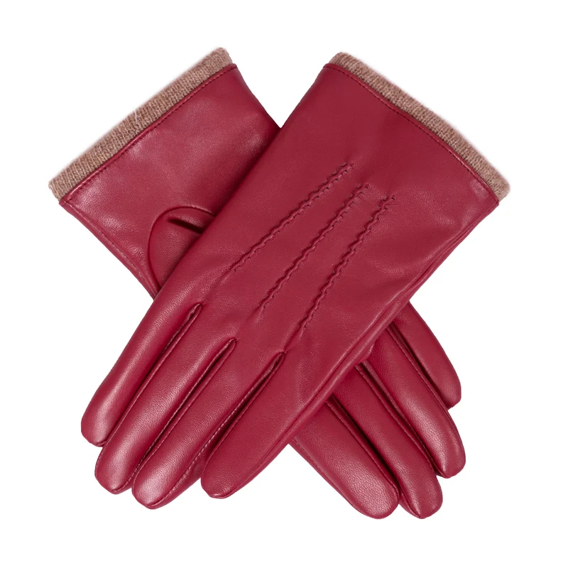 Gants en cuir doublés en mélange de laine à trois points pour femmes avec poignets tricotés