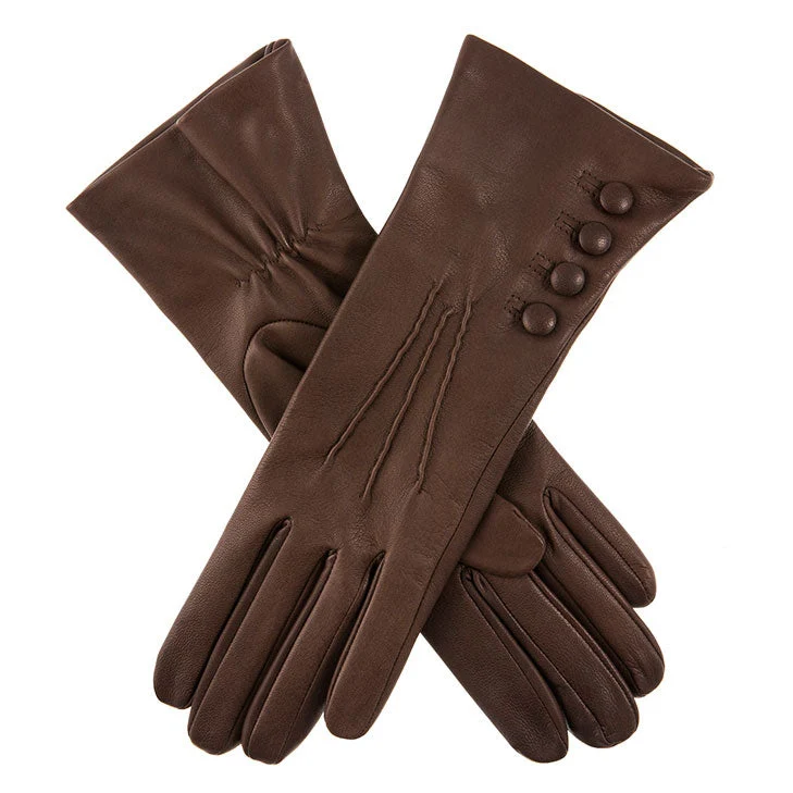 Gants en cuir doublés de soie à trois points pour femmes avec boutons