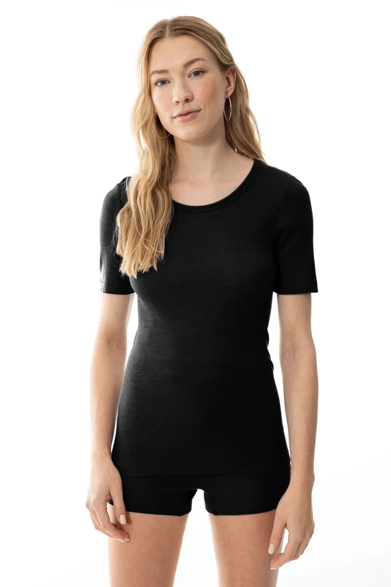 Mey T-Shirt Korte Mouw Wool Love Rib Dames 66013 3 schwarz