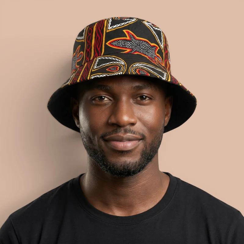 Bucket hat / Vissershoedje met Afrikaanse print - Zwart Rood Toghu Bamenda Cameroon - Kinderen & Volwassenen (Unisex)
