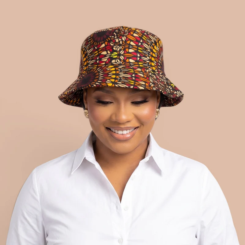 Bucket hat / Vissershoedje met Afrikaanse print - Bruin Savanna Sun - Kinderen & Volwassenen (Unisex)