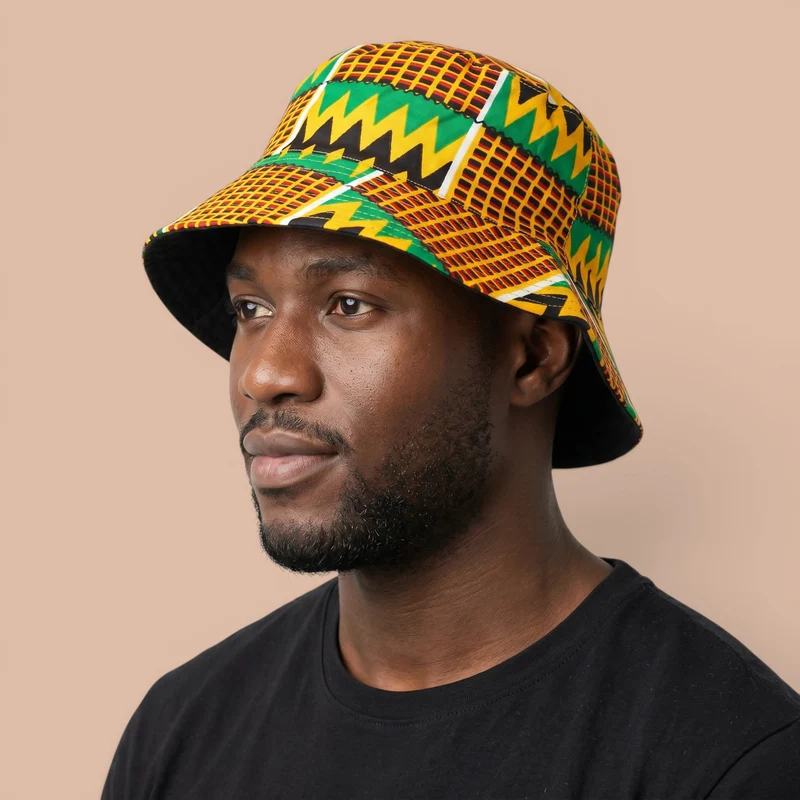 Bucket hat / Vissershoedje met Afrikaanse print - Groen Geel Kente - Kinderen & Volwassenen (Unisex)
